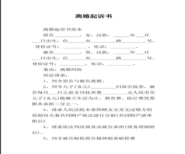 離婚起訴書格式范文